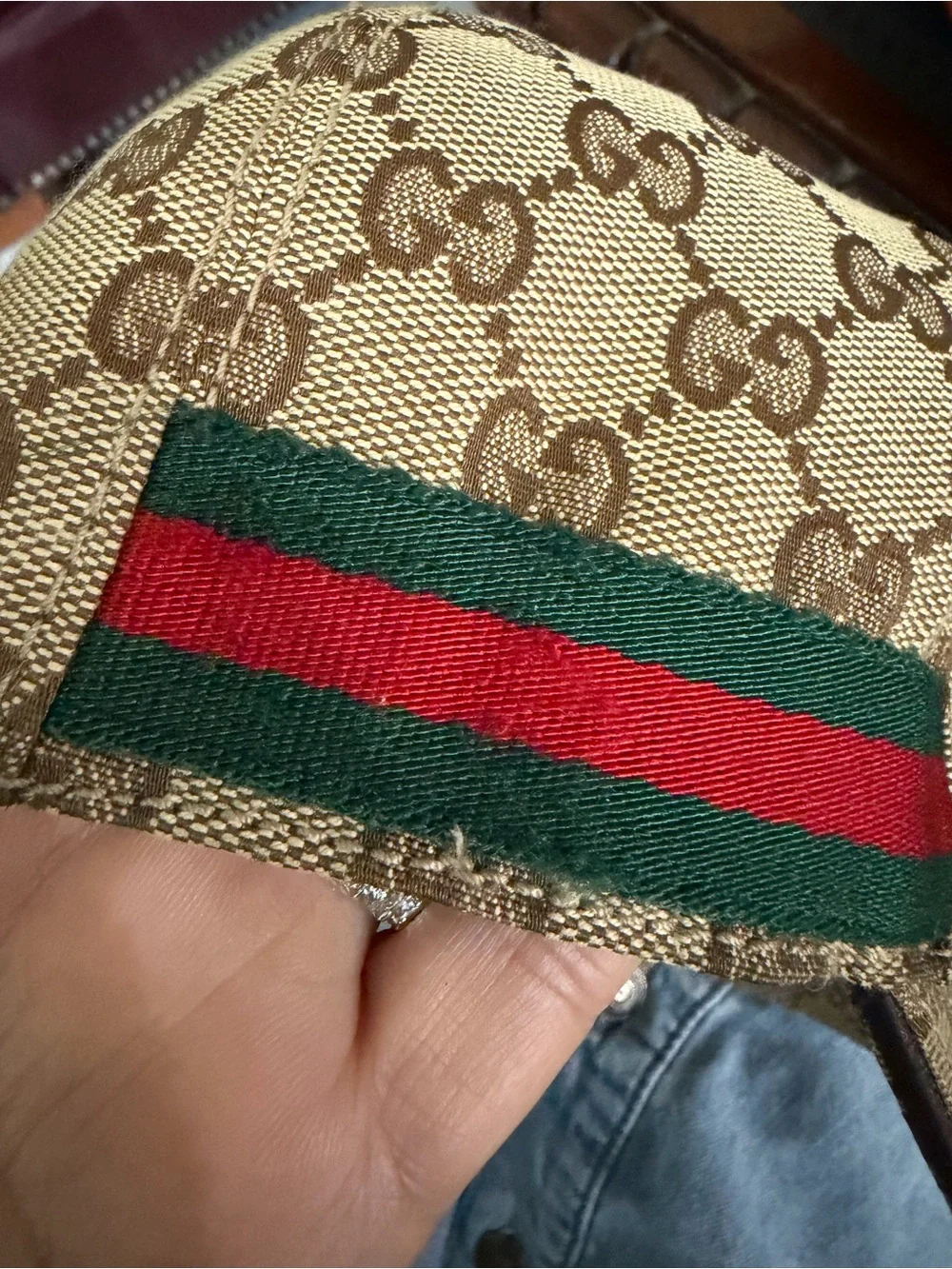 Gucci Beige and Brown Monogram Baseball Cap with Red & Green Stripe